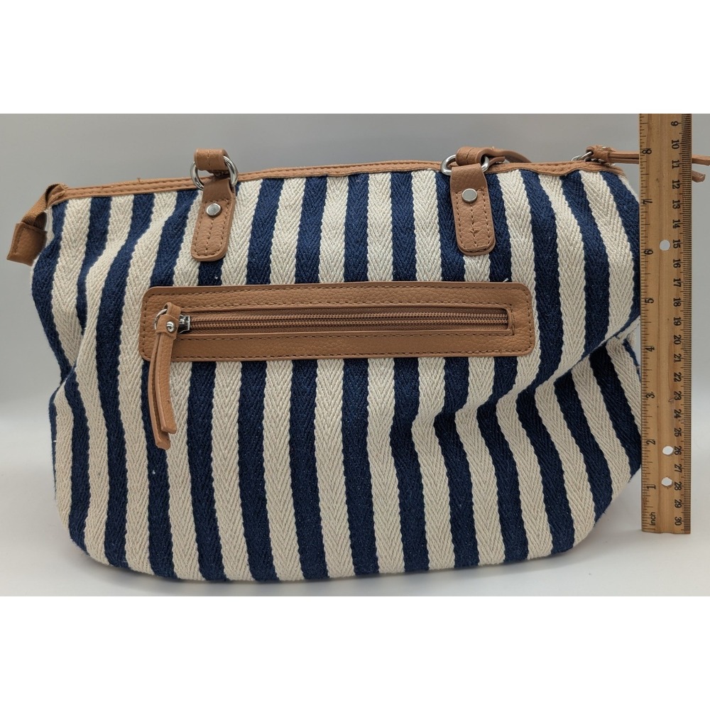 Tyler Rodan Navy Blue Cream Tan Striped Woven Canvas Nautical Shoulder Bag Purse - Picture 4 of 6